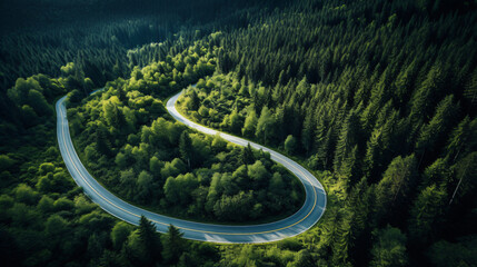 Aerial view of a road in the middle of the green forest , road curve up to mountain. Travel with car concept.