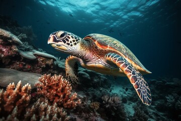 Obraz na płótnie Canvas Vibrant sea turtle explores colorful coral in wild Pacific ocean. Generative AI