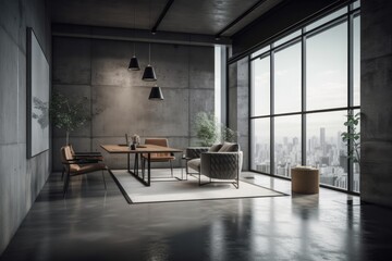 Interior of a dark studio space with a sofa, coffee table, dining table, chairs, concrete floor, and panoramic windows. minimalist design principle. creative thought a mockup. Generative AI