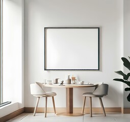 clean design breakfast nook with modern minimalist design, empty framed template of artwork, poster blank mockup  Generative AI