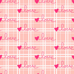 Love Valentine's day seamless pattern. Vector fabric print template. Scottish style gingham print. Geometric striped carpet background. Checkered romantic backdrop.
