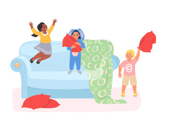 Fototapeta premium Kids having fun enjoying pillow fight vector illustration