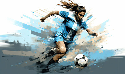 Abstract soccer action image of a female football player. Colorful painted illustration