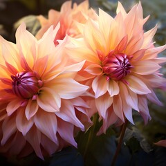 Two vibrant pink and orange Dahlia flowers glowing