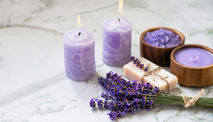 Lavender spa. Sea salt, lavender flowers, aroma candle, body cream and handmade soap. Natural herbal cosmetics with lavender flowers on marble background. Relax concept. Beauty treatments. Copy space.