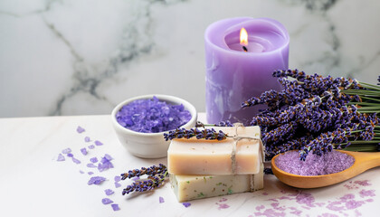 Obraz na płótnie Canvas Lavender spa. Sea salt, lavender flowers, aroma candle, body cream and handmade soap. Natural herbal cosmetics with lavender flowers on marble background. Relax concept. Beauty treatments. Copy space.