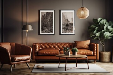 Interior of contemporary living room with brown leather sofa and armchair, floor lamp, and branches in vase on wooden coffee table. Horizontal blank poster on brown wall. Generative AI