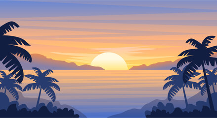 Natural landscape scenery sunset behind the beach background vector illustration 