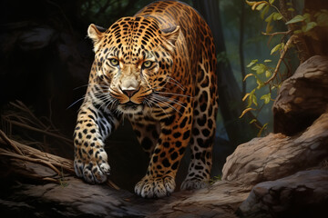 Beautiful spotted predator leopard walking in jungle, illustration wild animal outdoors