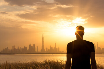 Serene silhouette of a man watching the golden dubai skyscraper cityscape sunset.