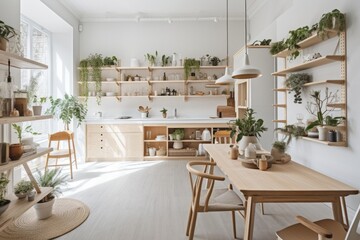 Fototapeta na wymiar Interior of a modern, chic, light filled Scandinavian style home with open shelves. Inside a loft. Generative AI