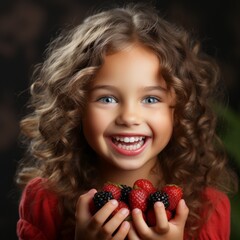 Naklejka premium Portrait of a happy small smiling girl with full of palms summer berries. The concept of healthy summer berries nutrition