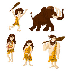 Cave people hunting mammoth. Set of isolated cartoon characters. Primitive people in Stone Age. Caveman life. Vector illustration.