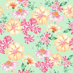 Fototapeta na wymiar Watercolor Flowers Pattern, pink and yellow elements, green background, seamless