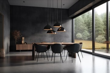 Interior of a dark dining area with chairs on a concrete floor. A dining room with minimalist furniture and a view of the countryside. copy blank frame in. Generative AI