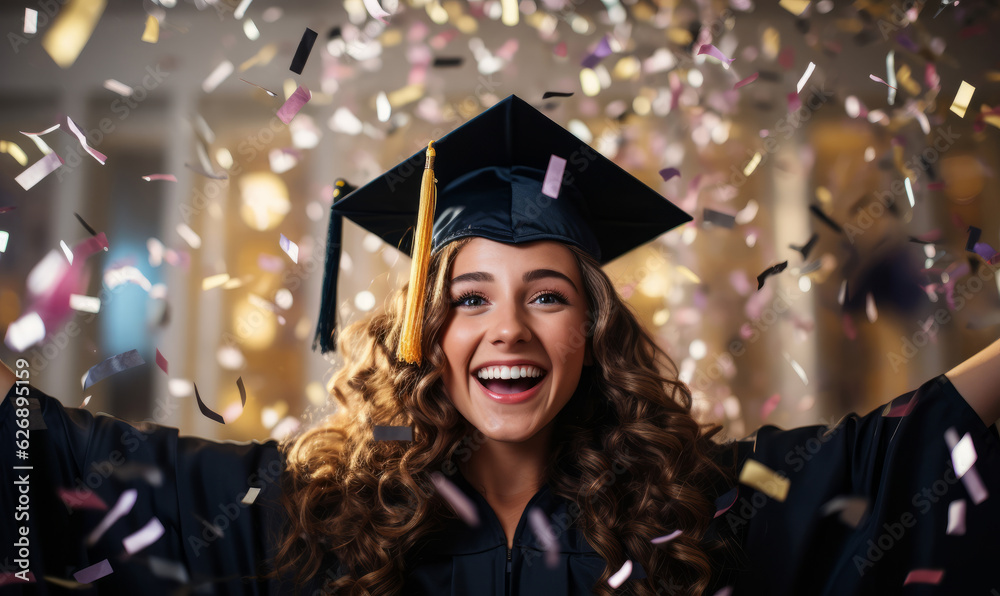 Sticker Portrait of a female graduate celebrating with falling confetti