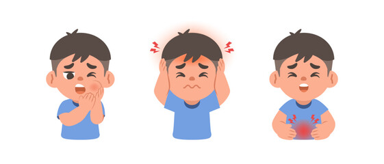 a Asian boy has a toothache, headache, stomachache. illustration cartoon character vector design on white background. kid and health care concept.