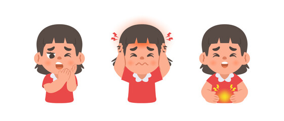 a Asian girl has a toothache, headache, stomachache. illustration cartoon character vector design on white background. kid and health care concept.