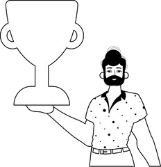 The Guy is holding a cup . national of victory . black and white linear manner. Trendy style, Vector Illustration