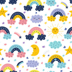 Cute seamless pattern with rainbow, sun and moon. Colorful background for kids in cartoon style. Great for fabric, textile, apparel. Vector illustration