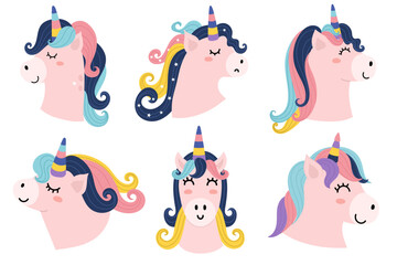 Cute unicorn heads collection. Magic horse character set for kids. Happy animal clipart isolated on white in cartoon style. Vector illustration © juliyas