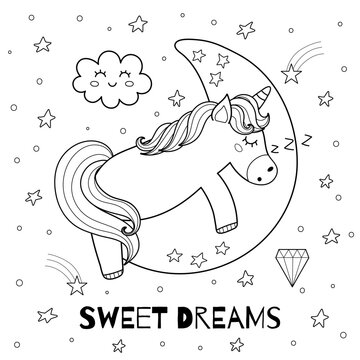 Sweet dreams black and white print with a cute unicorn sleeping on the Moon. Good night coloring page for kids with a magic character and text. Vector illustration