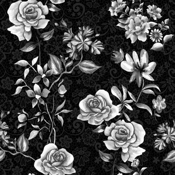 Watercolor Flowers Pattern, black and white elements, lace background, seamless