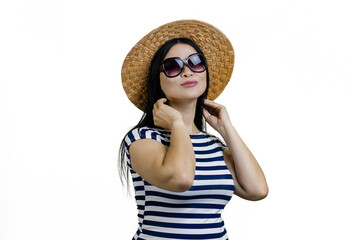 Portrait of a young sexy asian woman in straw hat and sunglasses. Isolated on white.