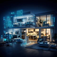 Smart home technology in a futuristic design setting at night, with a heads - up display (HUD) overlay, Generative AI