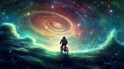 Obraz na płótnie Canvas A man wearing a helmet riding his bicycle in outer space on a metaphysical psychedelic journey. Generative AI