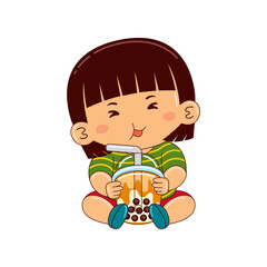 girl kids drinking iced bubble milk tea