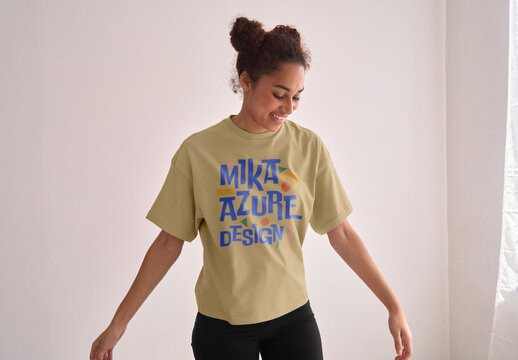 Mockup of woman wearing customizable color t-shirt, front view