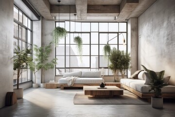 Fototapeta na wymiar Interior Scene and Mockup, industrial style living room with white wood decorated walls. Generative AI