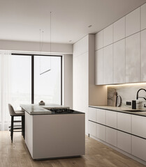 Modern luxury stylish kitchen interior with wooden floor, stone island and chair with dining table. White countertops and large window. 3d rendering. High quality 3d illustration