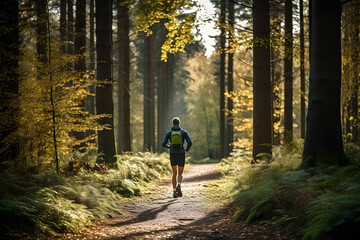 A man jogging on a trail in a forest