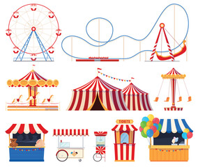 Fair with amusement park attractions. Children carousels, circus tent, extreme attractions. Fun pastime on a holiday weekend. Vector illustration © Igor