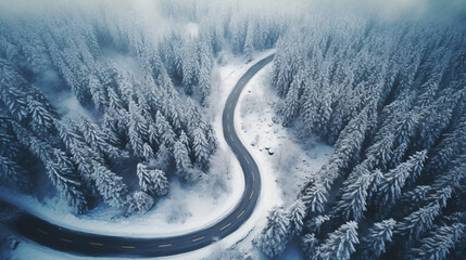 Windy and curvy road in snow covered forest landscape, top down aerial view. - obrazy, fototapety, plakaty