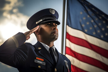 A officer in a uniform saluting in front of a USA flag under blue sky - obrazy, fototapety, plakaty