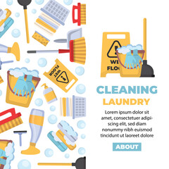 cleaning, laundry cartoon items vertical banner. detergents, brushes, mops, soap, rags, washing machine, cleaning powders, products for cleaning house. vector cartoon background.