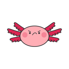Pink angry axolotl sticker. Cute flat vector character isolated on white background, unhappy axolotl, amphibian head.