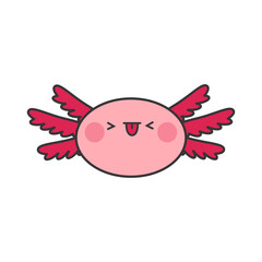 Kawaii displeased axolotl sticker. Cute flat vector pink character isolated on white background, axolotl stuck out tongue, amphibian head.