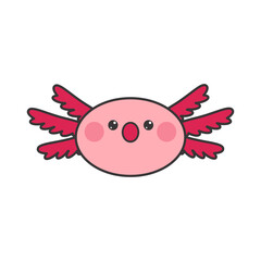 Fototapeta premium Kawaii surprised axolotl sticker. Cute flat vector pink character isolated on white background, unhappy axolotl, amphibian head.