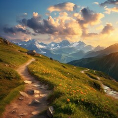 Mountains during sunset. Beautiful natural landscape in the summertime.