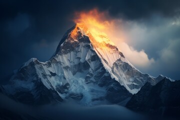 Evening view of mountain during a snow storm. Beautiful illustration picture. Generative AI