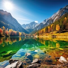 Fototapeta na wymiar Beautiful autumn scene of Hintersee lake. Colorful morning view of Bavarian Alps.