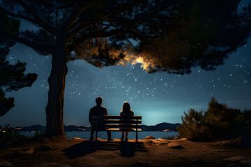 A man and a woman sitting on a bench and looking at the stars on the night sky