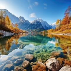 Fototapeta na wymiar Beautiful autumn scene of Hintersee lake. Colorful morning view of Bavarian Alps.