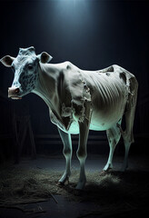 A cow in dark spots stands in a barn by moonlight. AI Generated