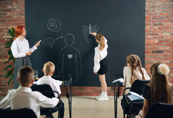Cooperation with teacher. Little girl, child standing at chalkboard and drawing. Learning anatomy, human structure at school. Concept of school, education, childhood, knowledge, lifestyle