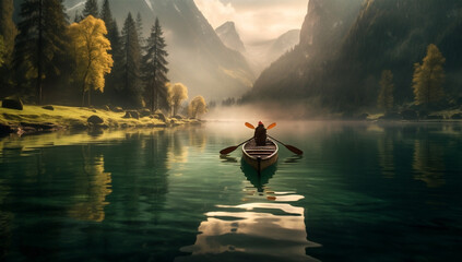 Naklejka na ściany i meble landscape scenic lake river person boat water outdoors travel nature. Generative AI.